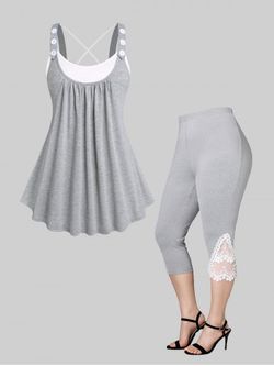 Colorblock Buckle Strap Crisscross Twofer Tank Top and Lace Panel Leggings Plus Size Summer Outfit - LIGHT GRAY