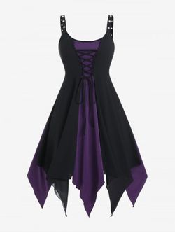 Plus Size Gothic Lace Up Grommet Backless Sleeveless Handkerchief Midi Dress - PURPLE - 2X | US 18-20