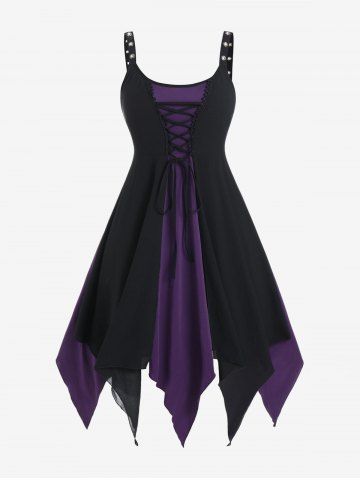 Plus Size Gothic Lace Up Grommet Backless Sleeveless Handkerchief Midi Dress