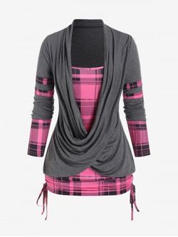 Plus Size Plaid Crossover Draped Faux Twinset Cinched Tee - GRAY - M | US 10