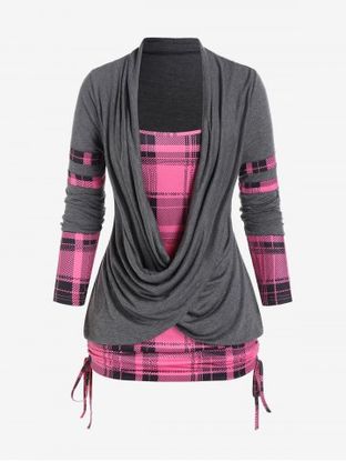 Plus Size Plaid Crossover Draped Faux Twinset Cinched Tee