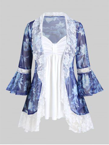 Plus Size Bell Sleeve Floral Sheer Mesh Cardigan and Camisole Set