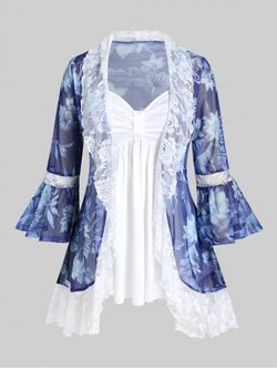 Plus Size Bell Sleeve Floral Sheer Mesh Cardigan and Camisole Set - LIGHT BLUE - M | US 10