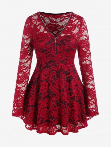 Plus Size Zipper Collar Two Tone Long Sleeves Lace T Shirt - RED - M | US 10