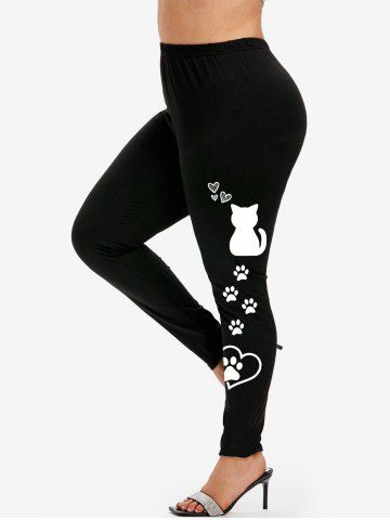Plus Size High Waist Cat Paw Print Skinny Leggings - BLACK - 2X | US 18-20