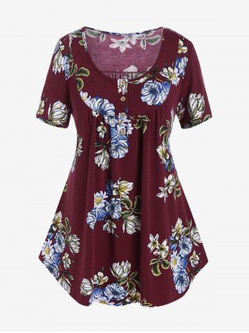 Plus Size Floral Scoop Neck Tunic Tee - DEEP RED - L | US 12