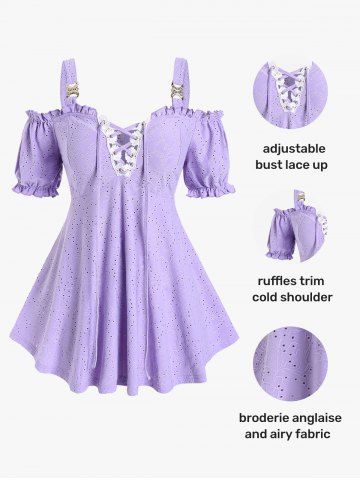 Plus Size Ruffles Broderie Anglaise Cold Shoulder Tunic Tee