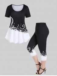 Musical Notes Print Colorblock Tee and Musical Notes Print Colorblock Capri Leggings Plus Size Summer Outfit -  