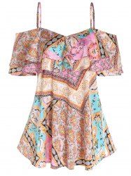 Allover Paisley Floral Print Cold Shoulder Ruffle Short Sleeve Top -  