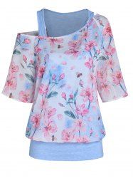Flower Print Skew Neck Faux Twinset Half Sleeve Top -  