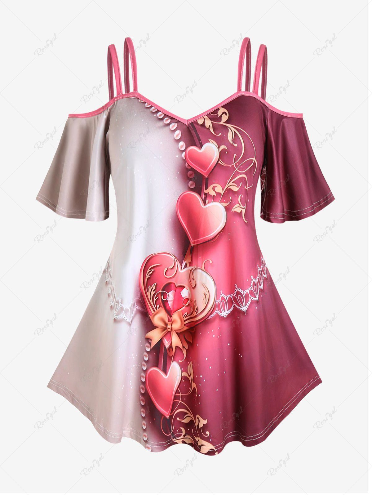 Shop Plus Size Heart Printed Colorblock Cold Shoulder T Shirt  