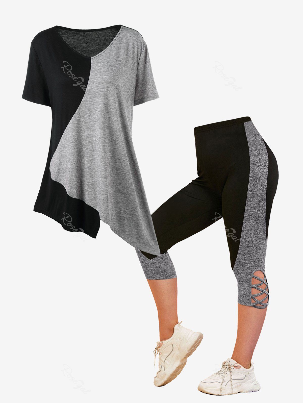 Trendy Two Tone Asymmetric T Shirt and Crisscross Capri Leggings Plus Size Summer Outfit  