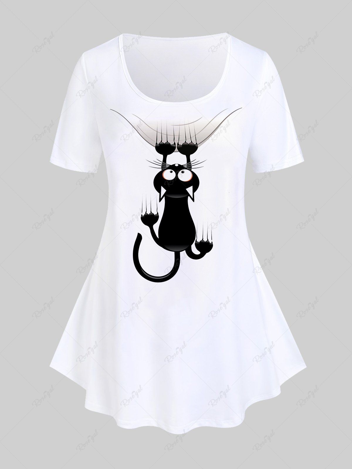 T-shirt à Imprimé Chat Dessin Animé de Grande Taille Blanc 