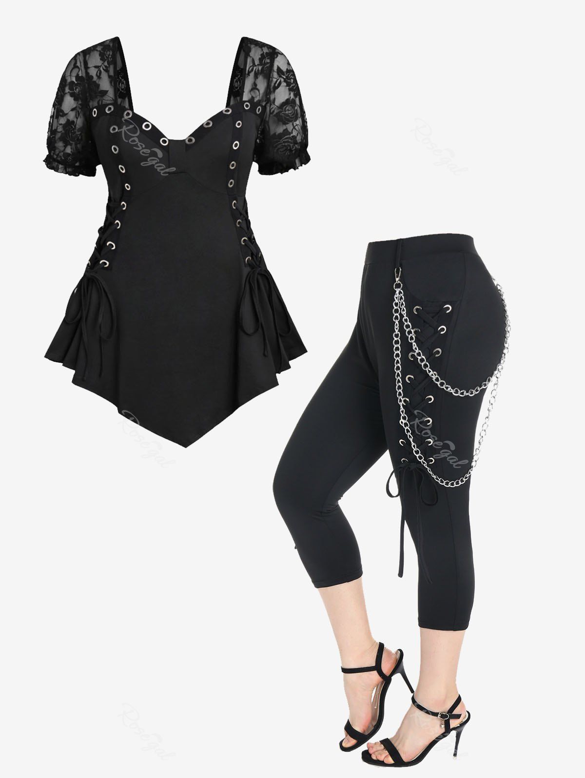 New Lace Up Asymmetric Tee and Punk High Waist Lace Up Chains Capri Pants Plus Size Summer Outfit  