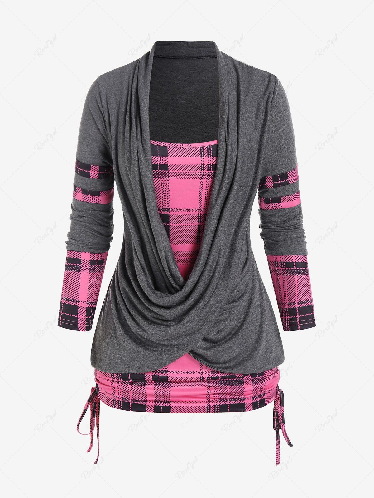 Fashion Plus Size Plaid Crossover Draped Faux Twinset Cinched Tee  