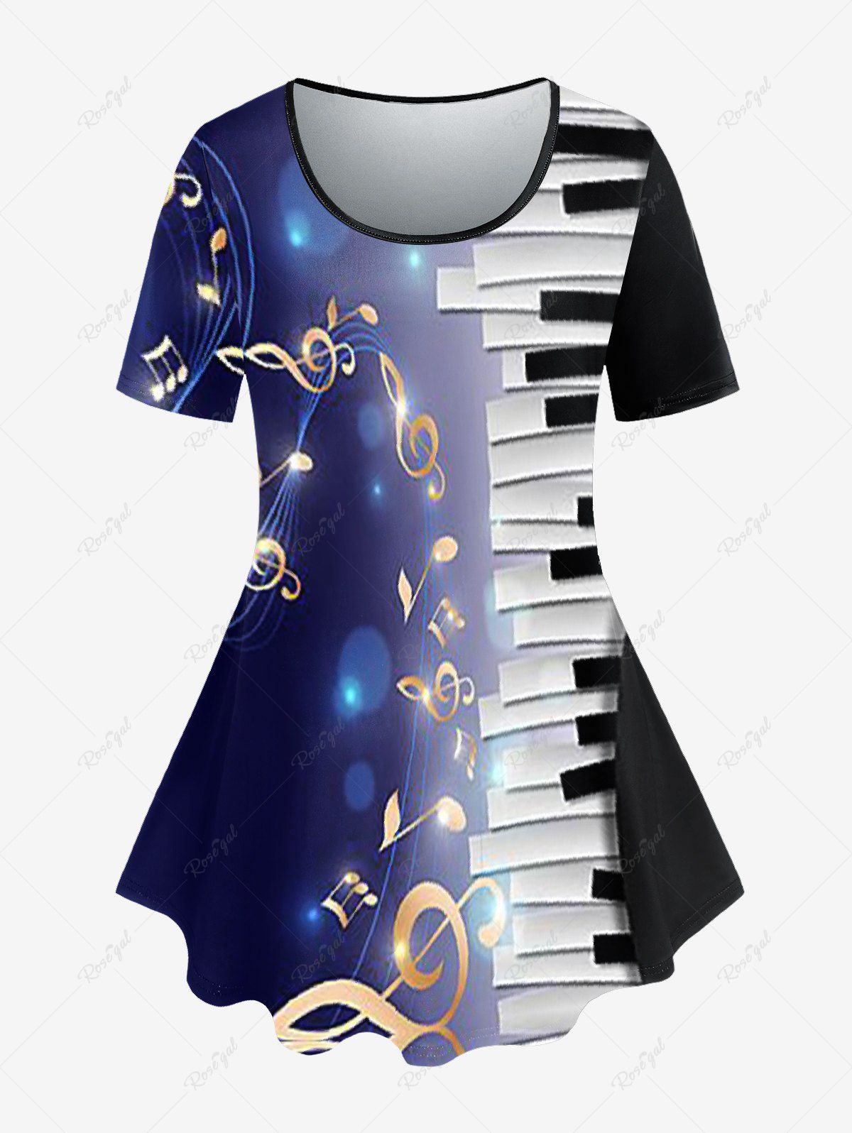 Affordable Plus Size Casual Music Note Piano Keys Print Tee  