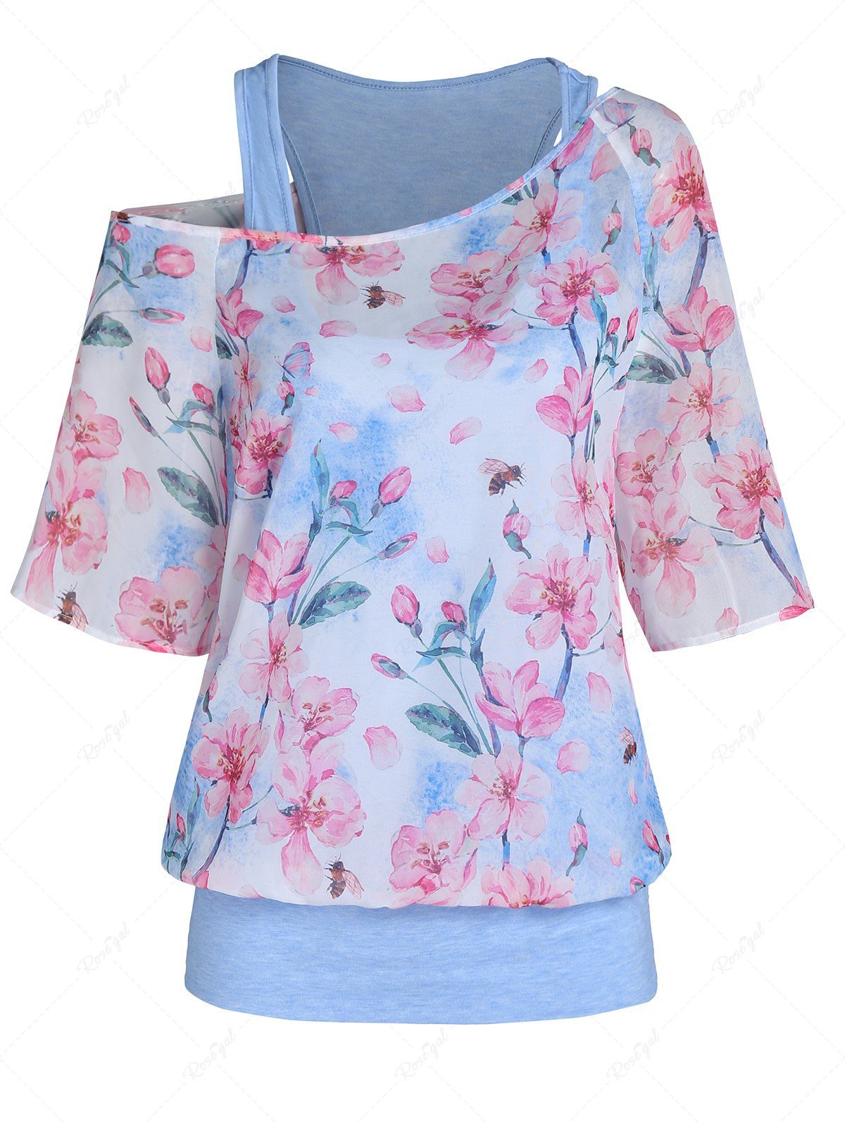 Affordable Flower Print Skew Neck Faux Twinset Half Sleeve Top  