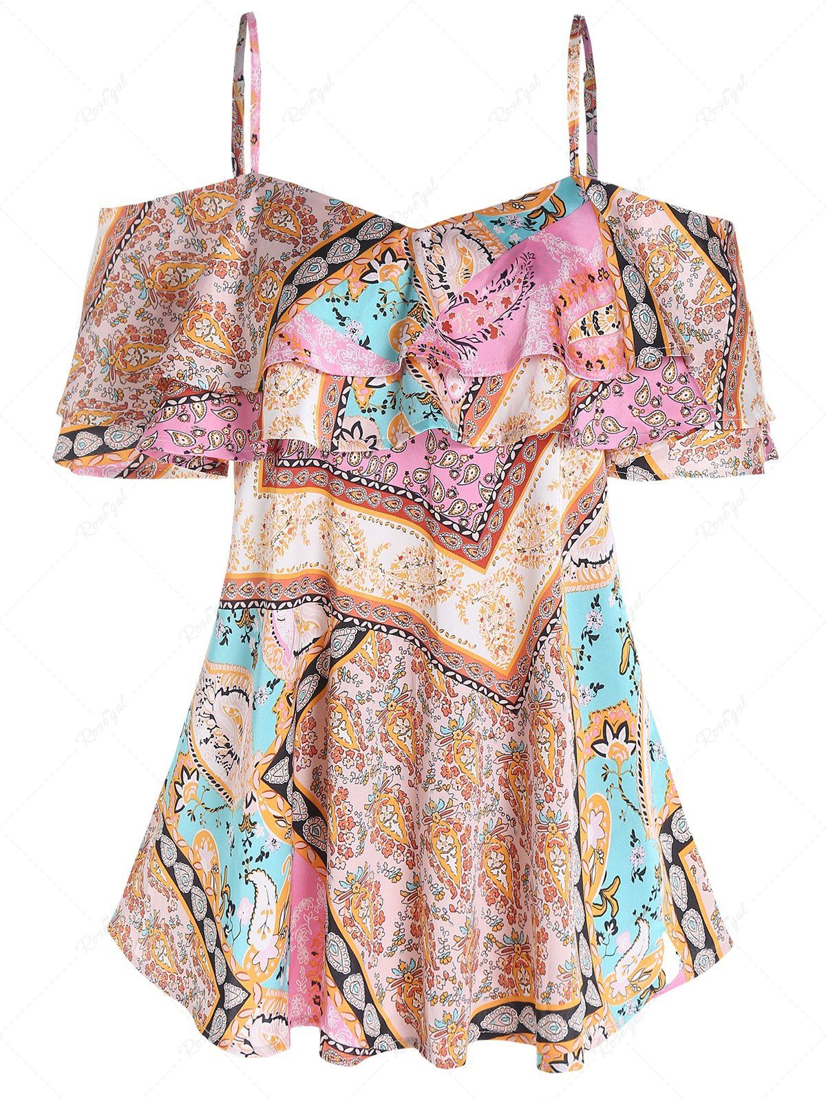 Trendy Allover Paisley Floral Print Cold Shoulder Ruffle Short Sleeve Top  
