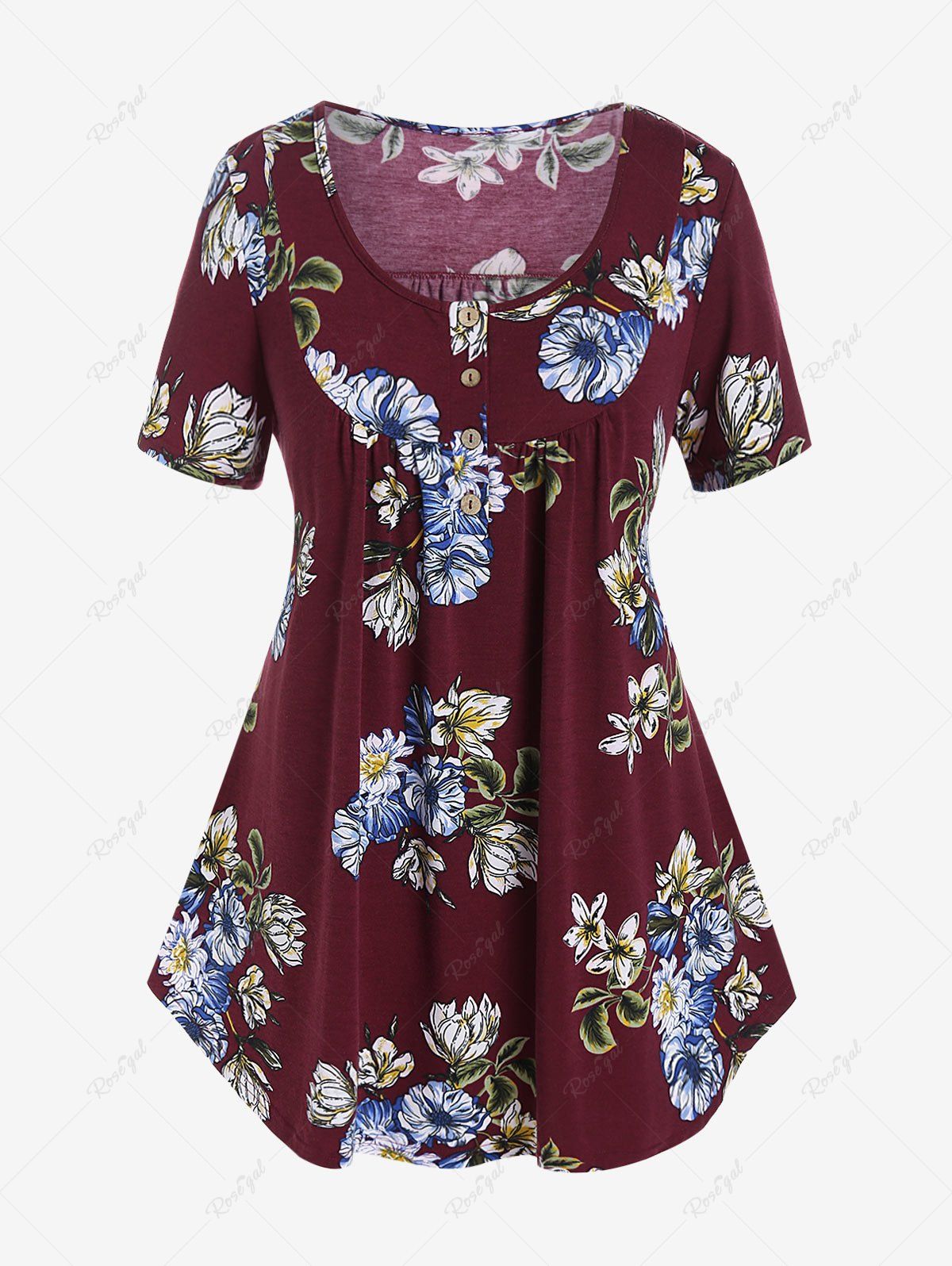 Fashion Plus Size Floral Scoop Neck Tunic Tee  