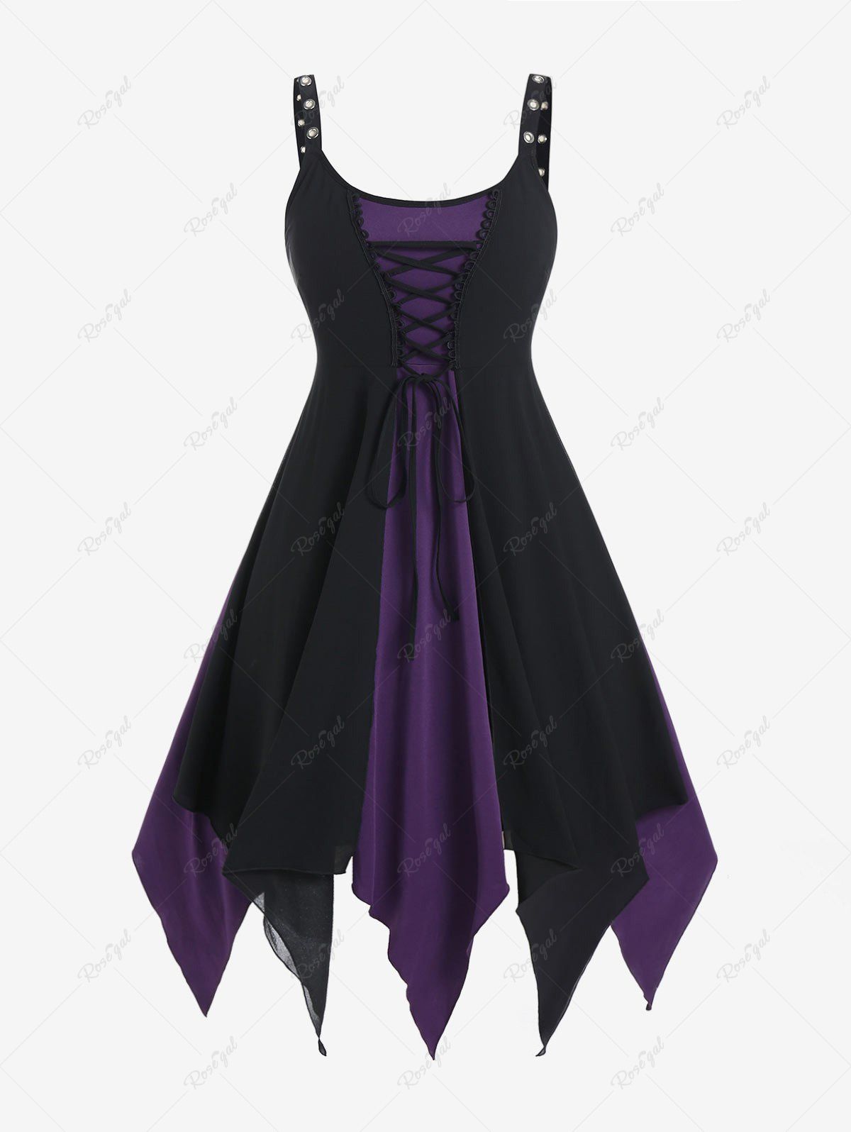 Fashion Plus Size Gothic Lace Up Grommet Backless Sleeveless Handkerchief Midi Dress  