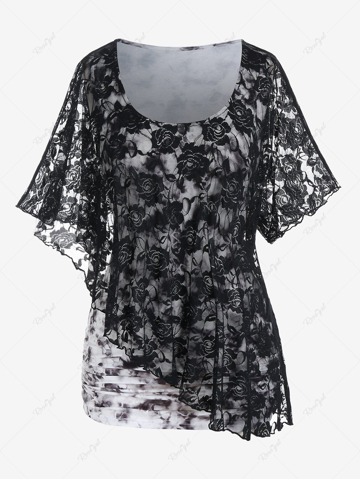 Sale Plus Size Tie Dye Lace Overlay Flutter Sleeves 2 in 1 T Shirt  