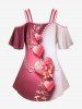 Plus Size Heart Printed Colorblock Cold Shoulder T Shirt -  