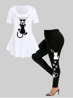 Cat Print Tee and High Waist Cat Paw Print Leggings Plus Size Summer Outfit - WHITE
