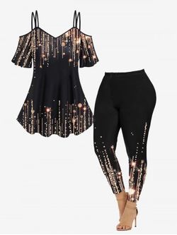 Cold Shoulder Glitter Print Tee and High Waist Glitter Starlight Print Legging Plus Size Summer Outfit - BLACK