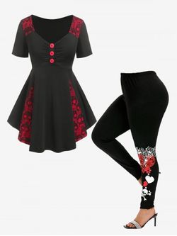 Gothic Ruched Skulls Pattern Lace Panel Tee and Leggings Plus Size Summer Outfit - BLACK