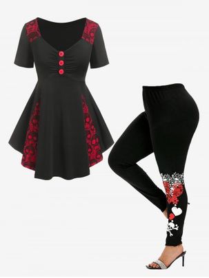 Gothic Ruched Skulls Pattern Lace Panel Tee and Leggings Plus Size Summer Outfit
