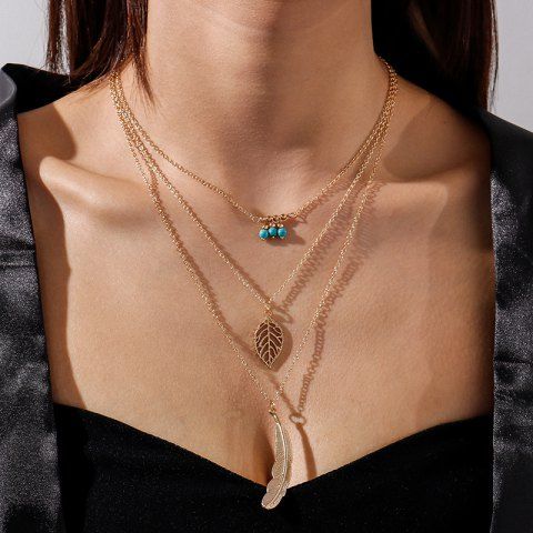 Beads Leaf Feather Multilayer Pendant Necklace 3 Layer Chain Necklace
