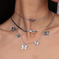 2Pcs Layered Butterfly Chain Pendant Choker Necklaces - SILVER