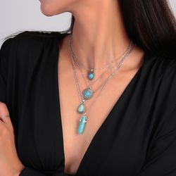 4Pcs Turquoise Chain Pendant Choker Necklace - SILVER
