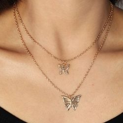 Layered Butterfly Pendant Necklace - GOLDEN