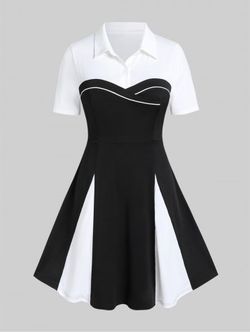 Plus Size Shirt Collar Two Tone A Line Dress - BLACK - 3X | US 22-24