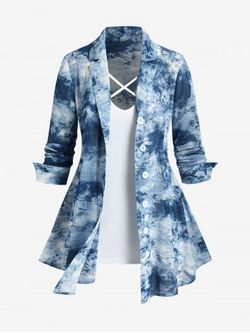 Plus Size Long Sleeves Tie Dye Shacket and Crisscross Tank Top Set - LIGHT BLUE - 1X | US 14-16