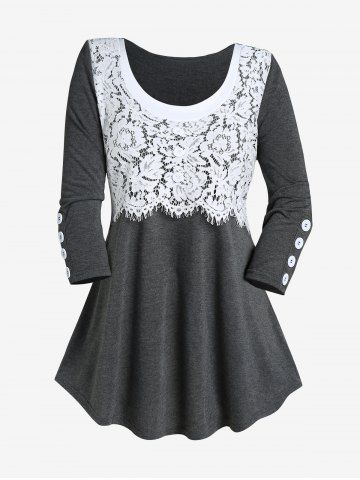 Camiseta Talla Extra Panel Encaje Contraste - GRAY - 3X | US 22-24