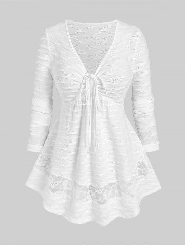 Plus Size Plunge Lace Panel Cinched Open Knit Tee