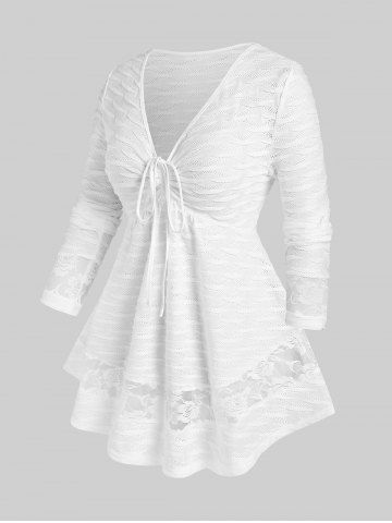 Plus Size Plunge Lace Panel Cinched Open Knit Tee