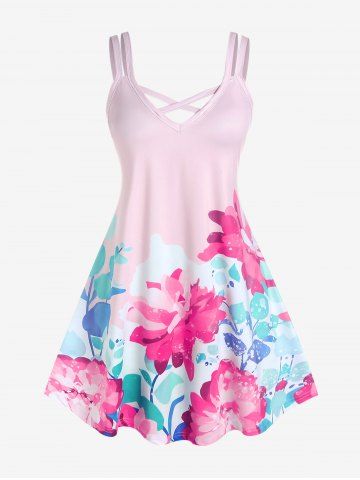Plus Size Flower Printed Crisscross A Line Sleeveless Dress - LIGHT PINK - 1X | US 14-16