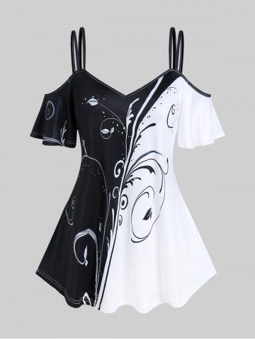 Plus Size Two Tone Printed Cold Shoulder Tee