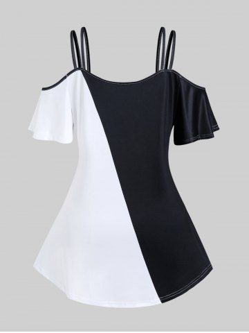 Plus Size Two Tone Printed Cold Shoulder Tee