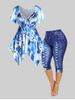 Tie Dye Cinched Handkerchief Tank Top and 3D Lace Up Jean Print Capri Leggings Plus Size Summer Outfit -  