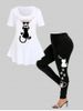 Cat Print Tee and High Waist Cat Paw Print Leggings Plus Size Summer Outfit -  