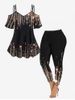 Cold Shoulder Glitter Print Tee and High Waist Glitter Starlight Print Legging Plus Size Summer Outfit -  