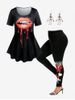 Ensemble T-shirt Gothique à Imprimé Lèvre et Legging à Squelette et Cœur à Taille Haute Grande Taille - Noir 