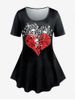 T-shirt Gothique Coeur Crâne Floral Grande Taille - Noir 