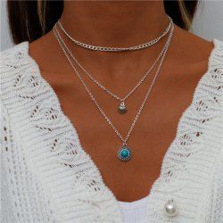 Layered Faux Turquoise Shell Pattern Pendant Necklace -  