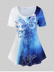 T-shirt à Imprimé Papillon Fleur en Blocs de Couleurs de Grande Taille - Bleu 5x | US 30-32