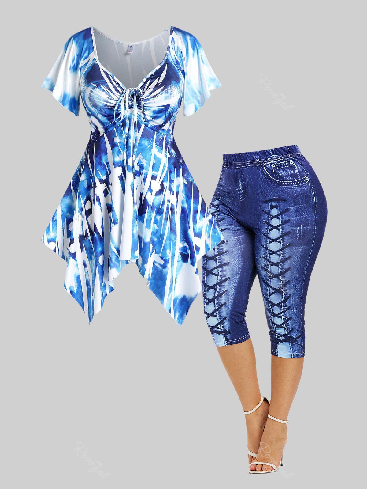 Sale Tie Dye Cinched Handkerchief Tank Top and 3D Lace Up Jean Print Capri Leggings Plus Size Summer Outfit  